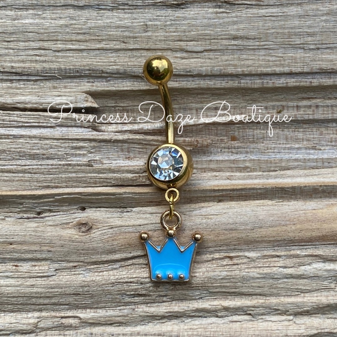 Gold Blue Crown Dangle Belly Button Ring Navel Jewelry Gold Blue Crown Dangle Belly Button Ring Navel Jewelry